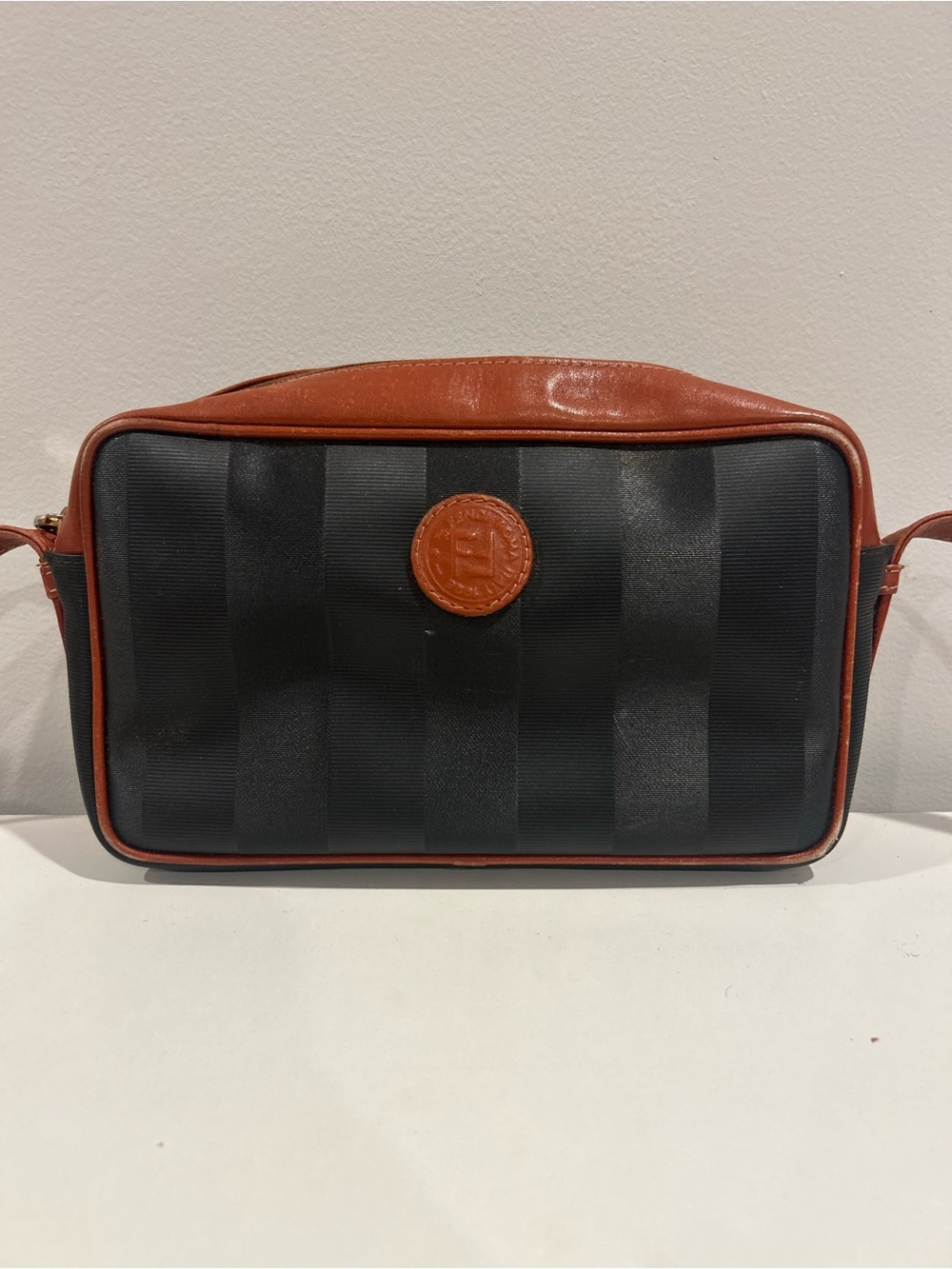 Vintage Fendi Pequin Stripe Crossbody Bag Black Brown Leather Trim Camera Bag